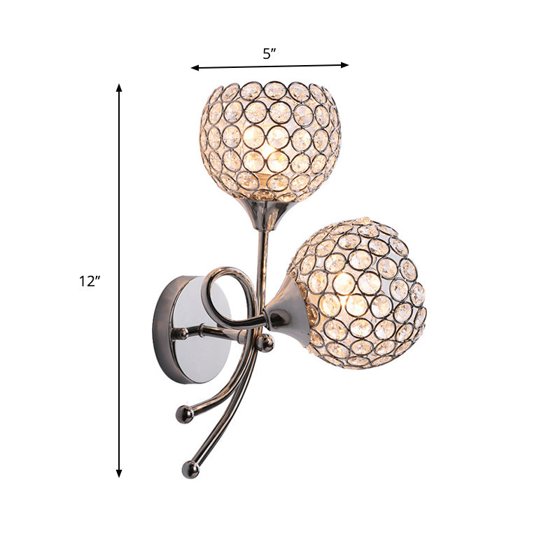 Modern Dome Sconce Light Fixture 2 Heads Inserted Crystal Wall Mounted Lighting in Silver Clearhalo 'Cast Iron' 'Glass' 'Industrial' 'Modern wall lights' 'Modern' 'Tiffany' 'Traditional wall lights' 'Wall Lamps & Sconces' 'Wall Lights' Lighting' 874880