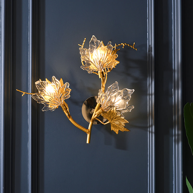 Maple Leaf Clear Glass Sconce Post Modern 3-Light Dining Room Wall Lighting Fixture in Gold Gold Clearhalo 'Cast Iron' 'Glass' 'Industrial' 'Modern wall lights' 'Modern' 'Tiffany' 'Traditional wall lights' 'Wall Lamps & Sconces' 'Wall Lights' Lighting' 874881