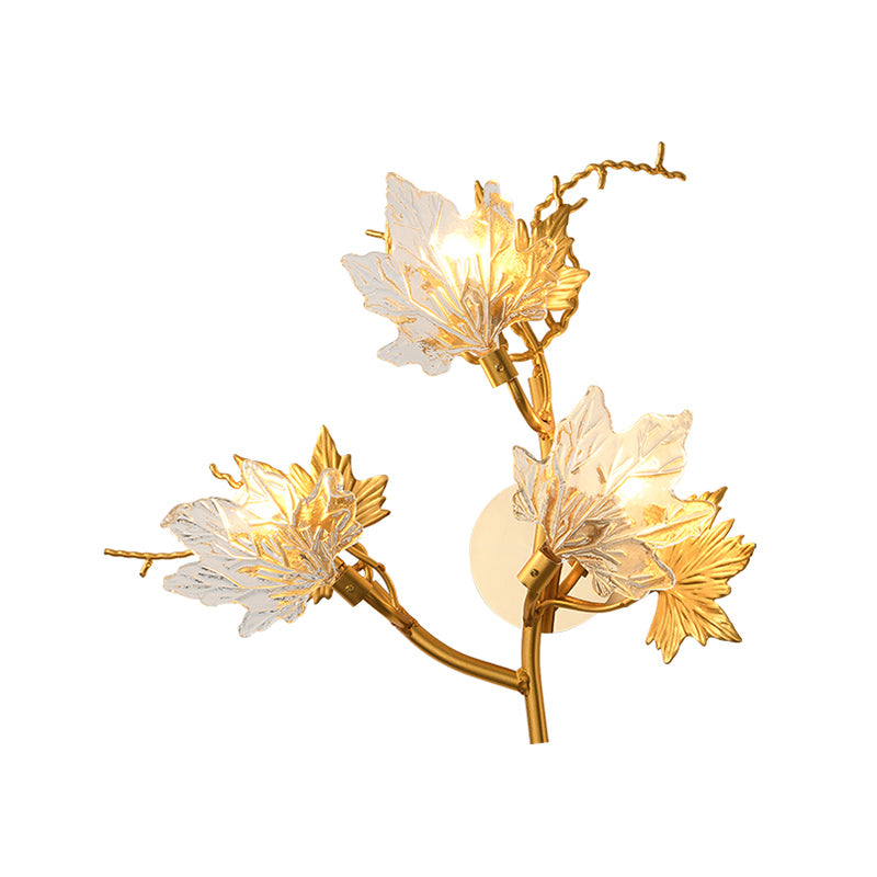Maple Leaf Clear Glass Sconce Post Modern 3-Light Dining Room Wall Lighting Fixture in Gold Clearhalo 'Cast Iron' 'Glass' 'Industrial' 'Modern wall lights' 'Modern' 'Tiffany' 'Traditional wall lights' 'Wall Lamps & Sconces' 'Wall Lights' Lighting' 874882