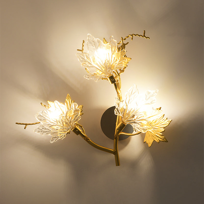 Maple Leaf Clear Glass Sconce Post Modern 3-Light Dining Room Wall Lighting Fixture in Gold Clearhalo 'Cast Iron' 'Glass' 'Industrial' 'Modern wall lights' 'Modern' 'Tiffany' 'Traditional wall lights' 'Wall Lamps & Sconces' 'Wall Lights' Lighting' 874883