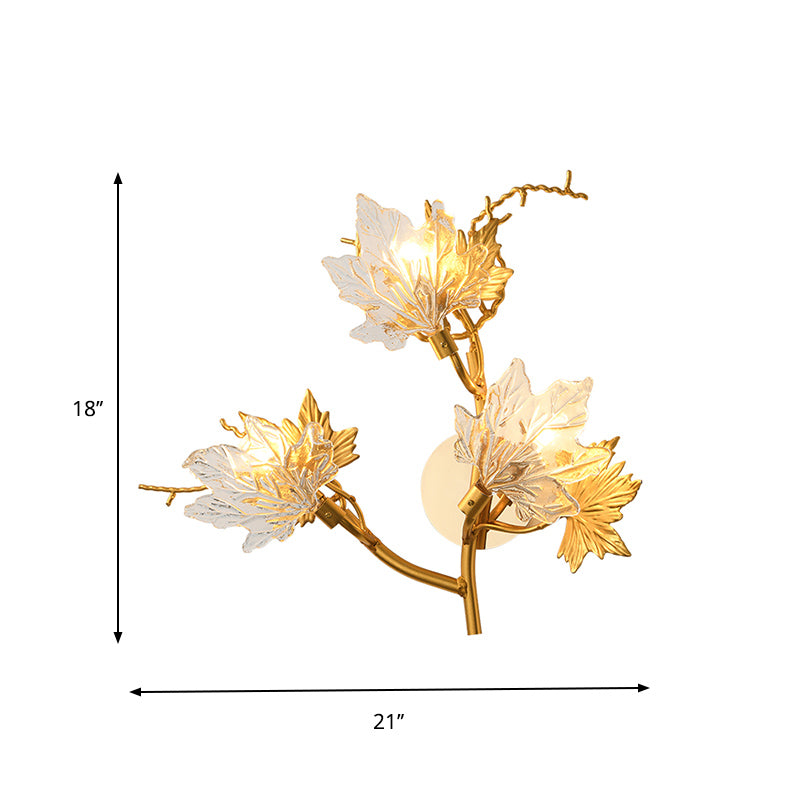 Maple Leaf Clear Glass Sconce Post Modern 3-Light Dining Room Wall Lighting Fixture in Gold Clearhalo 'Cast Iron' 'Glass' 'Industrial' 'Modern wall lights' 'Modern' 'Tiffany' 'Traditional wall lights' 'Wall Lamps & Sconces' 'Wall Lights' Lighting' 874884