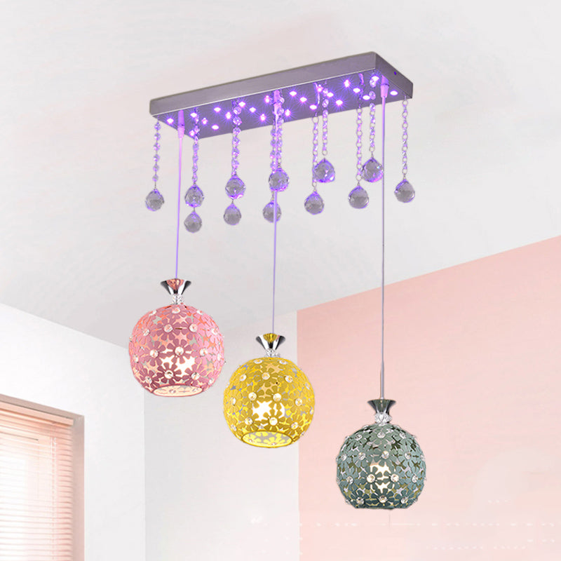 Crystal Ball Chrome Cluster Pendant Globe 3-Bulb Contemporary Hanging Light with Round/Linear Canopy Chrome Linear Clearhalo 'Ceiling Lights' 'Modern Pendants' 'Modern' 'Pendant Lights' 'Pendants' Lighting' 874885