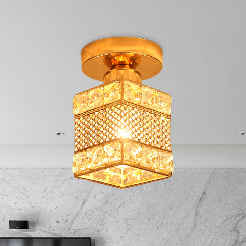 Gold Cubic Flush Mount Lamp Luxury Beveled Crystal 1 Light Hallway Ceiling Light Fixture Clearhalo 'Ceiling Lights' 'Close To Ceiling Lights' 'Close to ceiling' 'Flush mount' Lighting' 874945