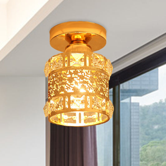 Minimalist Cylinder Ceiling Light Single Bulb Faceted Crystal Flush Mount Lighting in Gold Gold Clearhalo 'Ceiling Lights' 'Close To Ceiling Lights' 'Close to ceiling' 'Flush mount' Lighting' 874952