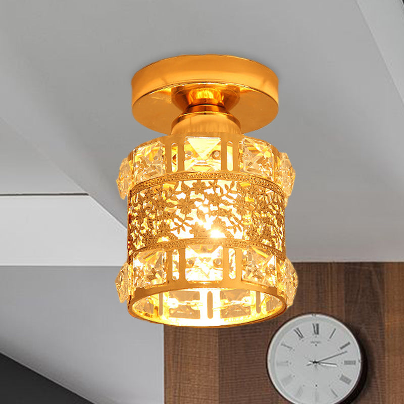 Minimalist Cylinder Ceiling Light Single Bulb Faceted Crystal Flush Mount Lighting in Gold Clearhalo 'Ceiling Lights' 'Close To Ceiling Lights' 'Close to ceiling' 'Flush mount' Lighting' 874953