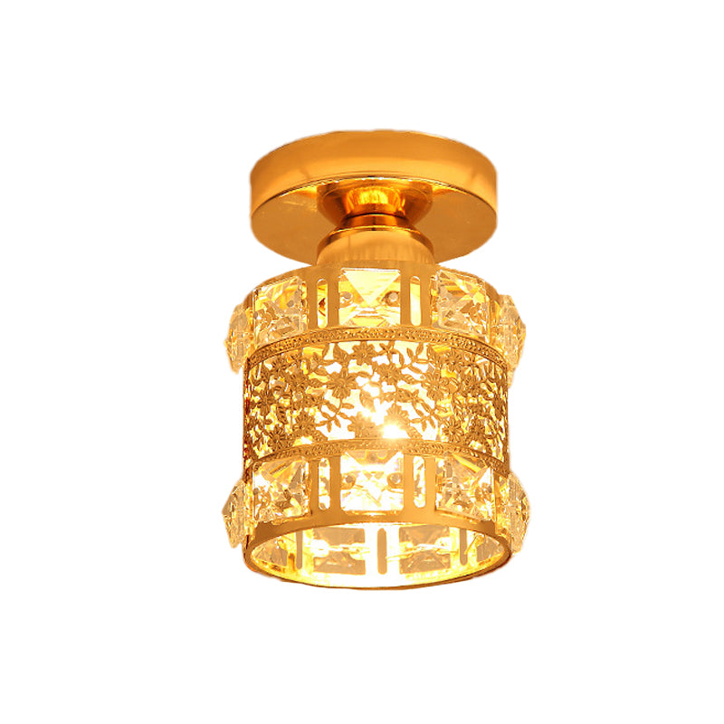 Minimalist Cylinder Ceiling Light Single Bulb Faceted Crystal Flush Mount Lighting in Gold Clearhalo 'Ceiling Lights' 'Close To Ceiling Lights' 'Close to ceiling' 'Flush mount' Lighting' 874954