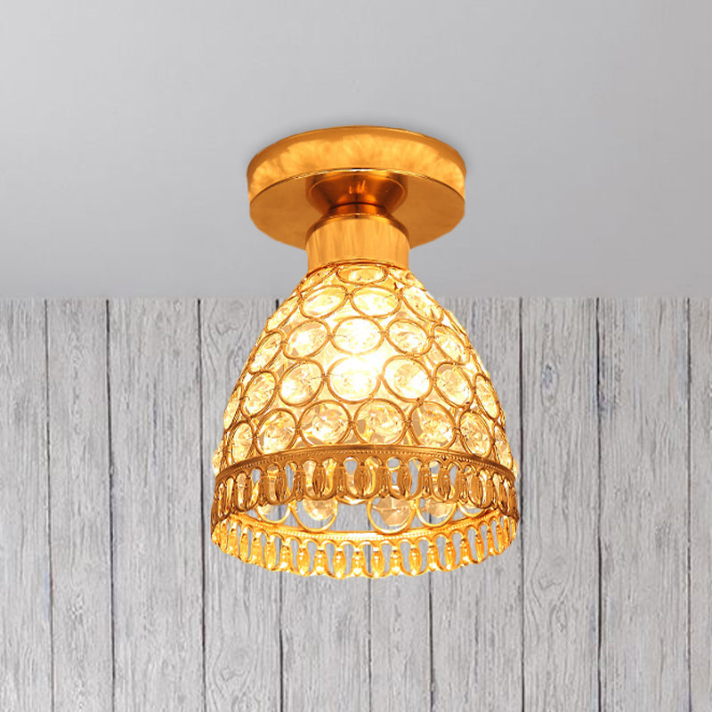 Globe/Cone Crystal Ceiling Flush Modern Single Head Hallway Flush Mount Lighting Fixture in Gold Gold Cone Clearhalo 'Ceiling Lights' 'Close To Ceiling Lights' 'Close to ceiling' 'Flush mount' Lighting' 874956