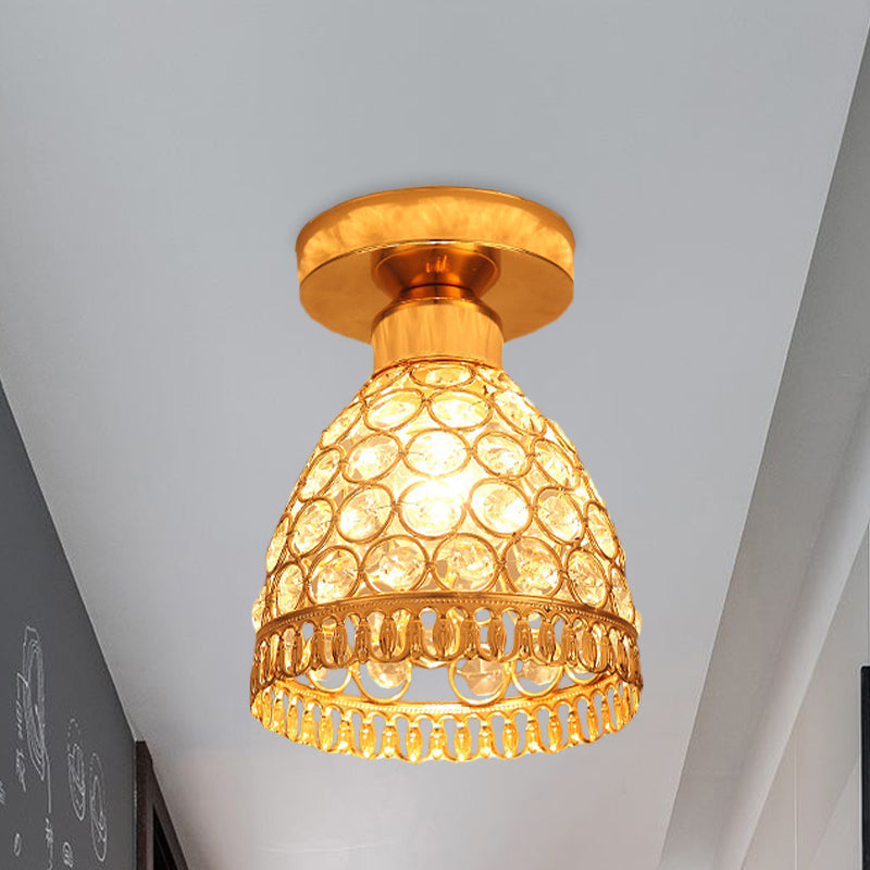 Globe/Cone Crystal Ceiling Flush Modern Single Head Hallway Flush Mount Lighting Fixture in Gold Clearhalo 'Ceiling Lights' 'Close To Ceiling Lights' 'Close to ceiling' 'Flush mount' Lighting' 874957