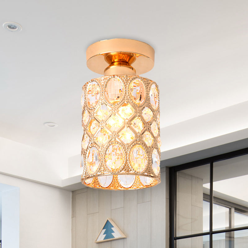 Gold Cylindrical Flush Light Modern Cut Crystal 1 Light Corridor Flush Mount Recessed Lighting Clearhalo 'Ceiling Lights' 'Close To Ceiling Lights' 'Close to ceiling' 'Flush mount' Lighting' 874970