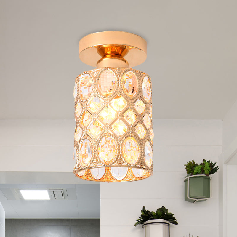 Gold Cylindrical Flush Light Modern Cut Crystal 1 Light Corridor Flush Mount Recessed Lighting Clearhalo 'Ceiling Lights' 'Close To Ceiling Lights' 'Close to ceiling' 'Flush mount' Lighting' 874971