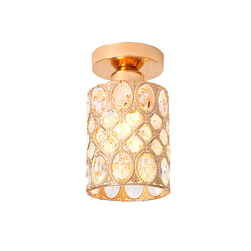 Gold Cylindrical Flush Light Modern Cut Crystal 1 Light Corridor Flush Mount Recessed Lighting Clearhalo 'Ceiling Lights' 'Close To Ceiling Lights' 'Close to ceiling' 'Flush mount' Lighting' 874972