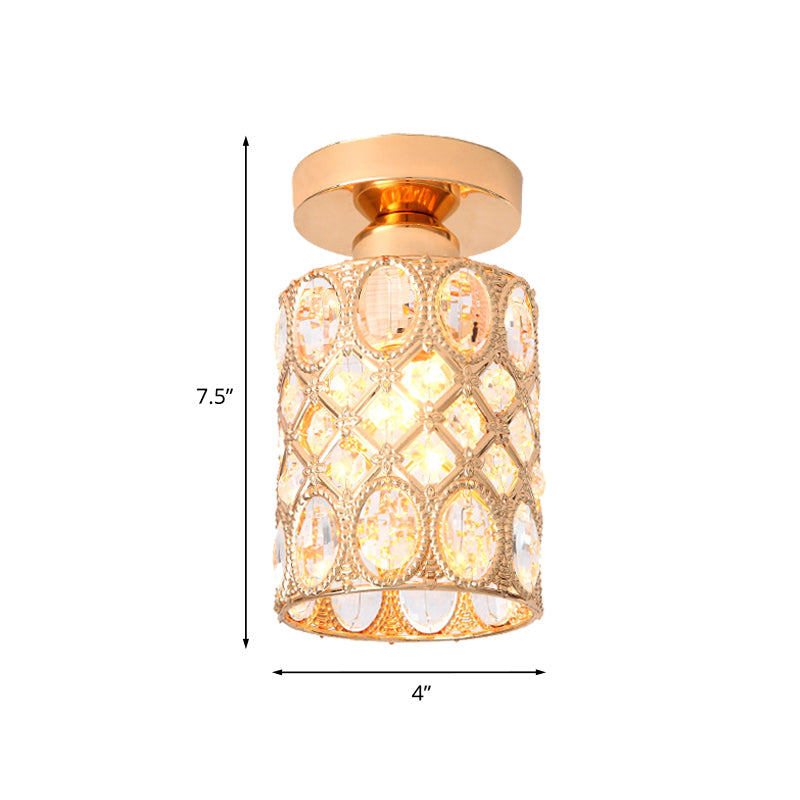 Gold Cylindrical Flush Light Modern Cut Crystal 1 Light Corridor Flush Mount Recessed Lighting Clearhalo 'Ceiling Lights' 'Close To Ceiling Lights' 'Close to ceiling' 'Flush mount' Lighting' 874973