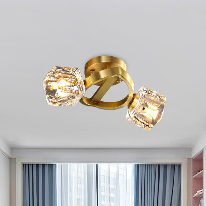 2 Lights Semi Flush Mount Minimalism Cubic Crystal Block Flush Ceiling Light Fixture in Brass Brass Clearhalo 'Ceiling Lights' 'Close To Ceiling Lights' 'Close to ceiling' 'Semi-flushmount' Lighting' 875030