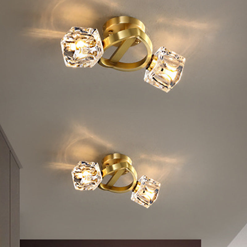 2 Lights Semi Flush Mount Minimalism Cubic Crystal Block Flush Ceiling Light Fixture in Brass Clearhalo 'Ceiling Lights' 'Close To Ceiling Lights' 'Close to ceiling' 'Semi-flushmount' Lighting' 875031