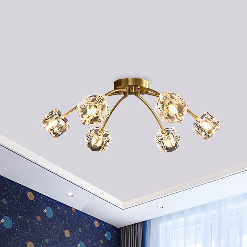 Cubic Restaurant Semi Flush Light Minimalist Clear Crystal Block 6-Light Brass Flush Mount Brass Clearhalo 'Ceiling Lights' 'Close To Ceiling Lights' 'Close to ceiling' 'Semi-flushmount' Lighting' 875034