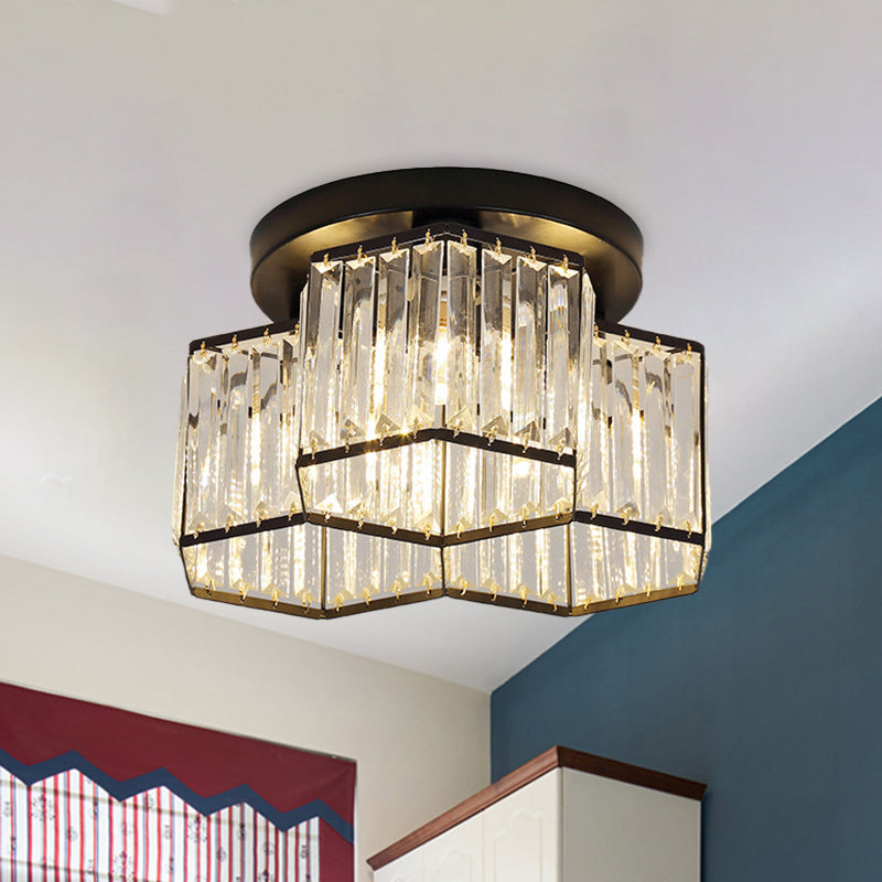 Black 3/7 Heads Ceiling Lighting Simple Clear Crystal Hexagonal Flush Mount Light Fixture for Bedroom Clearhalo 'Ceiling Lights' 'Close To Ceiling Lights' 'Close to ceiling' 'Flush mount' Lighting' 875039