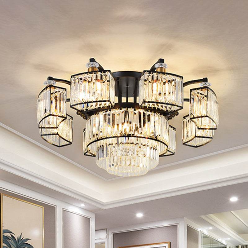 9/12-Head Semi Flush Modern Bedroom Flushmount with Circular Crystal Block Shade in Black Clearhalo 'Ceiling Lights' 'Close To Ceiling Lights' 'Close to ceiling' 'Semi-flushmount' Lighting' 875082