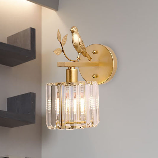 Black/Gold 1 Bulb Sconce Lamp Minimalism K9 Crystal Cylindrical Wall Lighting with Bird Decoration Gold Clearhalo 'Cast Iron' 'Glass' 'Industrial' 'Modern wall lights' 'Modern' 'Tiffany' 'Traditional wall lights' 'Wall Lamps & Sconces' 'Wall Lights' Lighting' 875134