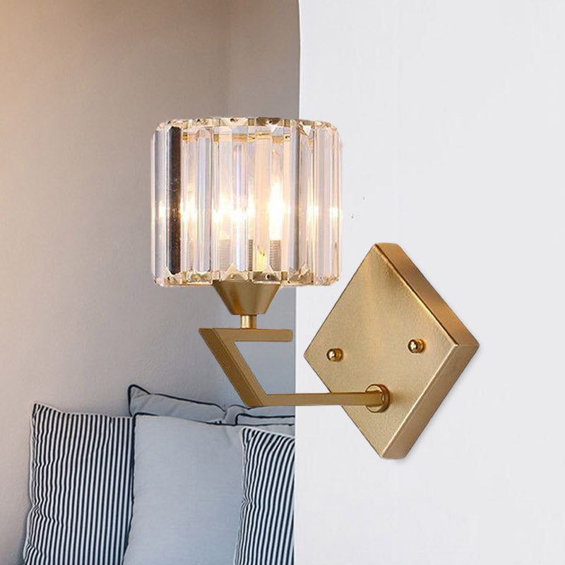 Cylindeical Bedroom Wall Light Sconce Minimalist Crystal Block 1 Head Gold Wall Lamp Clearhalo 'Cast Iron' 'Glass' 'Industrial' 'Modern wall lights' 'Modern' 'Tiffany' 'Traditional wall lights' 'Wall Lamps & Sconces' 'Wall Lights' Lighting' 875147