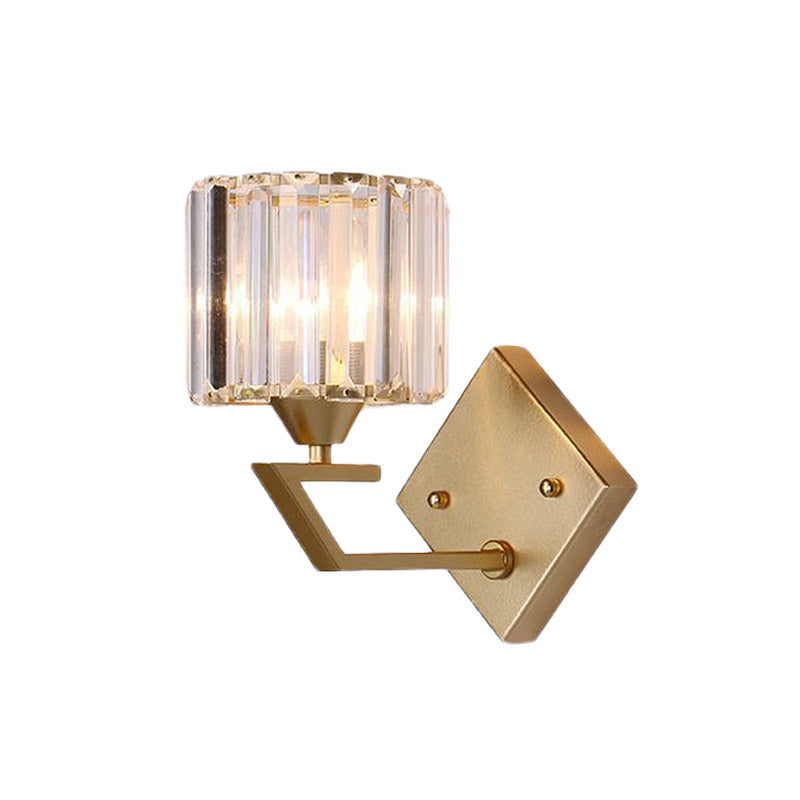 Cylindeical Bedroom Wall Light Sconce Minimalist Crystal Block 1 Head Gold Wall Lamp Clearhalo 'Cast Iron' 'Glass' 'Industrial' 'Modern wall lights' 'Modern' 'Tiffany' 'Traditional wall lights' 'Wall Lamps & Sconces' 'Wall Lights' Lighting' 875148