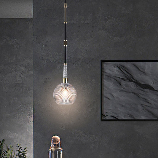 Globe Drop Pendant Modern Clear Latticed Glass 1 Bulb Black Hanging Ceiling Light for Bedside Clear Clearhalo 'Ceiling Lights' 'Glass shade' 'Glass' 'Modern Pendants' 'Modern' 'Pendant Lights' 'Pendants' Lighting' 875207