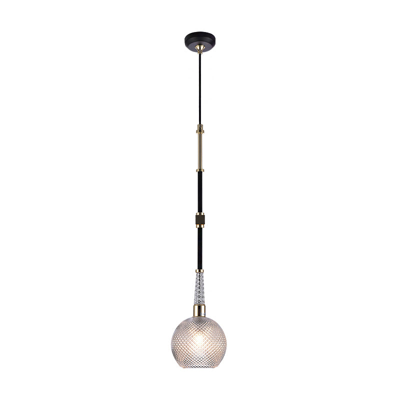 Globe Drop Pendant Modern Clear Latticed Glass 1 Bulb Black Hanging Ceiling Light for Bedside Clearhalo 'Ceiling Lights' 'Glass shade' 'Glass' 'Modern Pendants' 'Modern' 'Pendant Lights' 'Pendants' Lighting' 875208