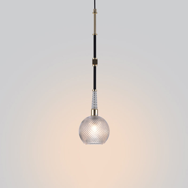 Globe Drop Pendant Modern Clear Latticed Glass 1 Bulb Black Hanging Ceiling Light for Bedside Clearhalo 'Ceiling Lights' 'Glass shade' 'Glass' 'Modern Pendants' 'Modern' 'Pendant Lights' 'Pendants' Lighting' 875209