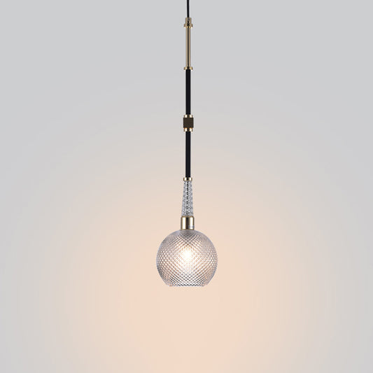 Globe Drop Pendant Modern Clear Latticed Glass 1 Bulb Black Hanging Ceiling Light for Bedside Clearhalo 'Ceiling Lights' 'Glass shade' 'Glass' 'Modern Pendants' 'Modern' 'Pendant Lights' 'Pendants' Lighting' 875209