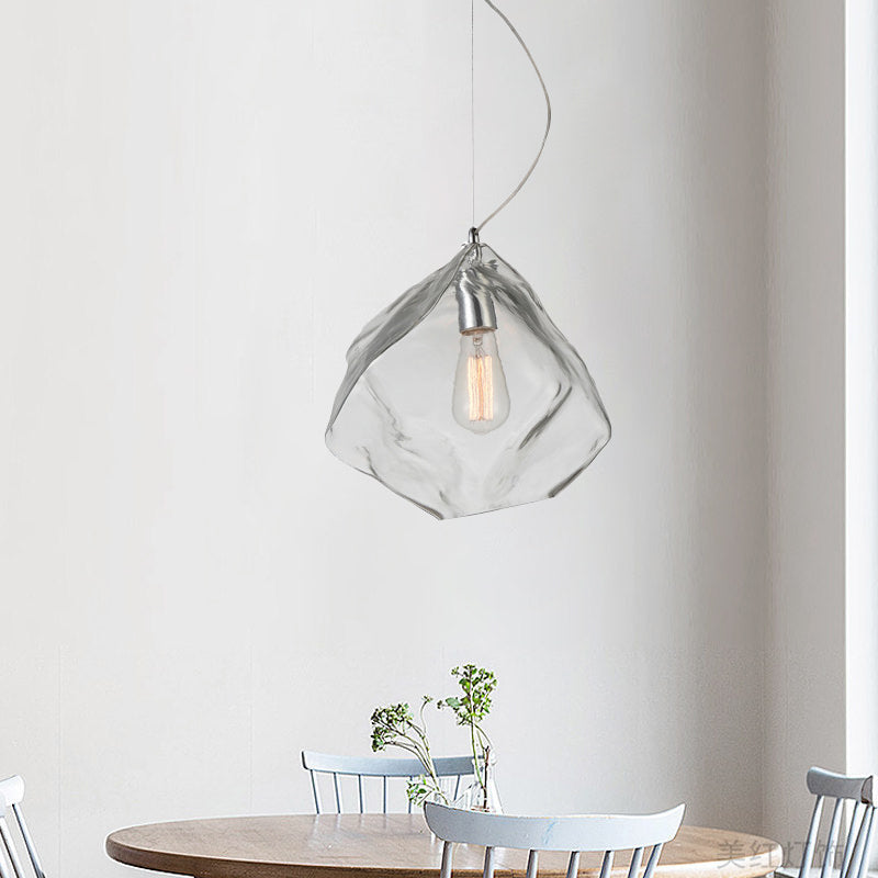 Modernist Stone Shape Suspension Light Clear Glass 1 Head Living Room Ceiling Hang Fixture Clear Clearhalo 'Ceiling Lights' 'Glass shade' 'Glass' 'Modern Pendants' 'Modern' 'Pendant Lights' 'Pendants' Lighting' 875215