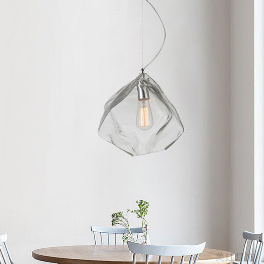 Modernist Stone Shape Suspension Light Clear Glass 1 Head Living Room Ceiling Hang Fixture Clear Clearhalo 'Ceiling Lights' 'Glass shade' 'Glass' 'Modern Pendants' 'Modern' 'Pendant Lights' 'Pendants' Lighting' 875215