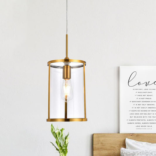 Clear Glass Cylinder Pendant Light Fixture Modern 1-Bulb Gold/Nickel Hanging Lamp Kit for Living Room Gold Clearhalo 'Ceiling Lights' 'Glass shade' 'Glass' 'Modern Pendants' 'Modern' 'Pendant Lights' 'Pendants' Lighting' 875219