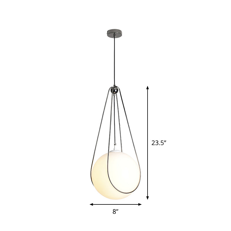 Orb Restaurant Hanging Light Kit White Frosted Glass 1 Head Simple Ceiling Pendant Lamp with Teardrop Iron Frame Clearhalo 'Ceiling Lights' 'Glass shade' 'Glass' 'Modern Pendants' 'Modern' 'Pendant Lights' 'Pendants' Lighting' 875246