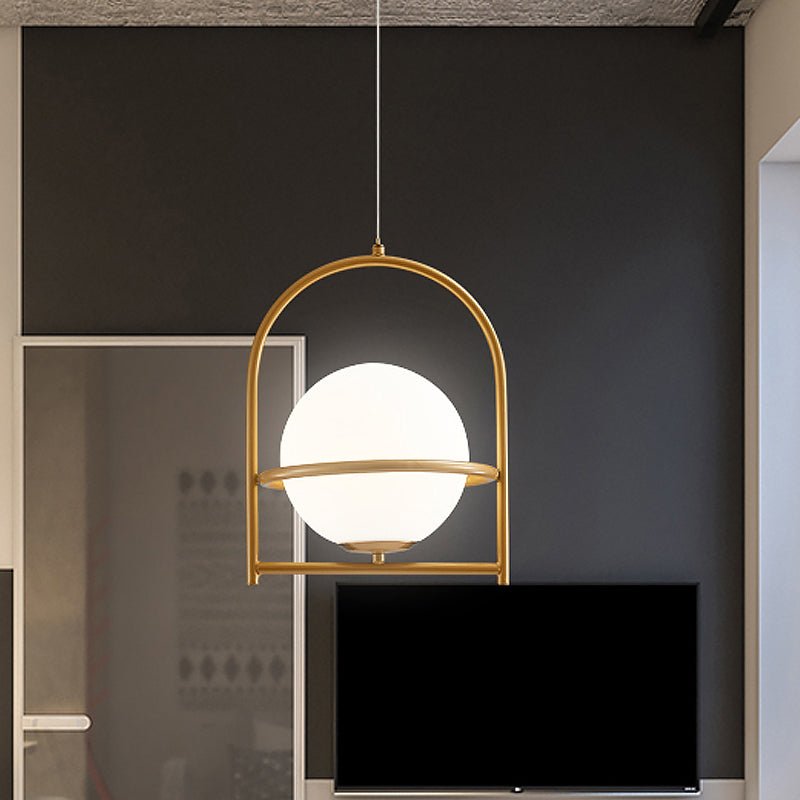 Modern Ball Suspension Light with Birdcage Design Opal Glass 1 Bulb 9"/11" Wide Bedside Ceiling Hang Fixture in Black/Gold Gold Clearhalo 'Ceiling Lights' 'Close To Ceiling Lights' 'Glass shade' 'Glass' 'Modern Pendants' 'Modern' 'Pendant Lights' 'Pendants' Lighting' 875247