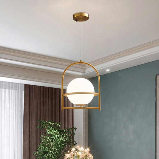 Modern Ball Suspension Light with Birdcage Design Opal Glass 1 Bulb 9"/11" Wide Bedside Ceiling Hang Fixture in Black/Gold Clearhalo 'Ceiling Lights' 'Close To Ceiling Lights' 'Glass shade' 'Glass' 'Modern Pendants' 'Modern' 'Pendant Lights' 'Pendants' Lighting' 875248