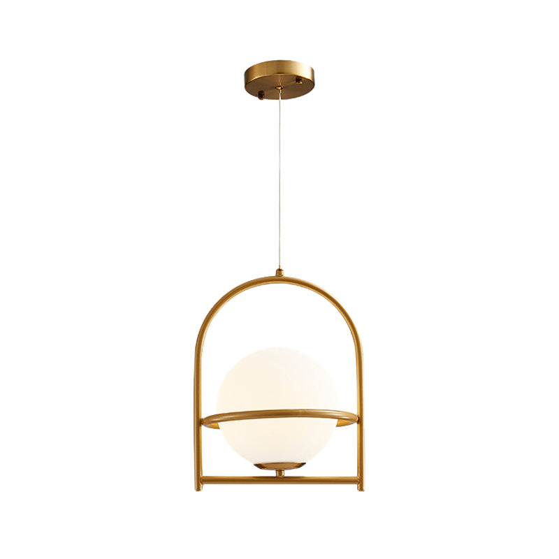 Modern Ball Suspension Light with Birdcage Design Opal Glass 1 Bulb 9"/11" Wide Bedside Ceiling Hang Fixture in Black/Gold Clearhalo 'Ceiling Lights' 'Close To Ceiling Lights' 'Glass shade' 'Glass' 'Modern Pendants' 'Modern' 'Pendant Lights' 'Pendants' Lighting' 875249