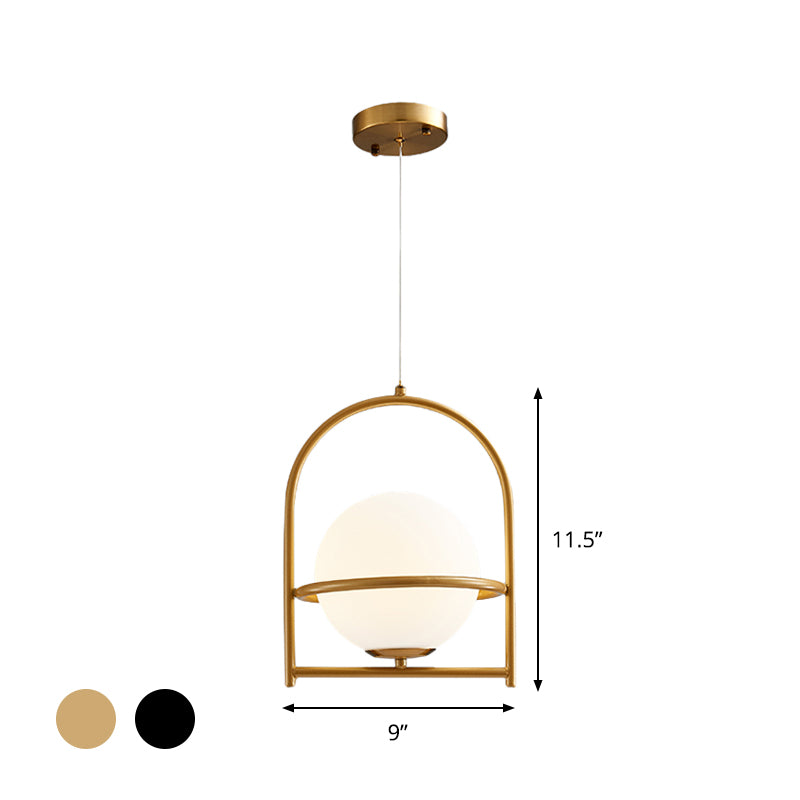 Modern Ball Suspension Light with Birdcage Design Opal Glass 1 Bulb 9"/11" Wide Bedside Ceiling Hang Fixture in Black/Gold Clearhalo 'Ceiling Lights' 'Close To Ceiling Lights' 'Glass shade' 'Glass' 'Modern Pendants' 'Modern' 'Pendant Lights' 'Pendants' Lighting' 875250