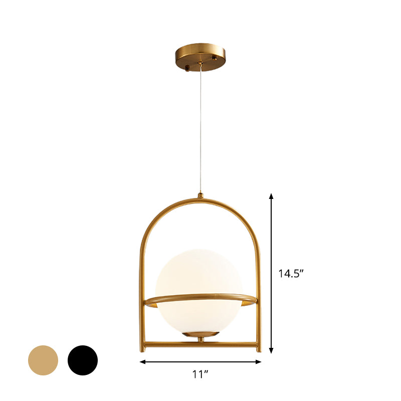 Modern Ball Suspension Light with Birdcage Design Opal Glass 1 Bulb 9"/11" Wide Bedside Ceiling Hang Fixture in Black/Gold Clearhalo 'Ceiling Lights' 'Close To Ceiling Lights' 'Glass shade' 'Glass' 'Modern Pendants' 'Modern' 'Pendant Lights' 'Pendants' Lighting' 875251