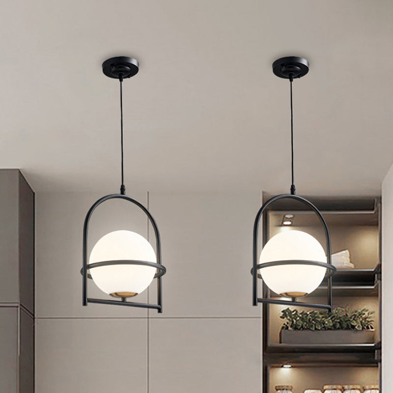 Modern Ball Suspension Light with Birdcage Design Opal Glass 1 Bulb 9"/11" Wide Bedside Ceiling Hang Fixture in Black/Gold Clearhalo 'Ceiling Lights' 'Close To Ceiling Lights' 'Glass shade' 'Glass' 'Modern Pendants' 'Modern' 'Pendant Lights' 'Pendants' Lighting' 875253