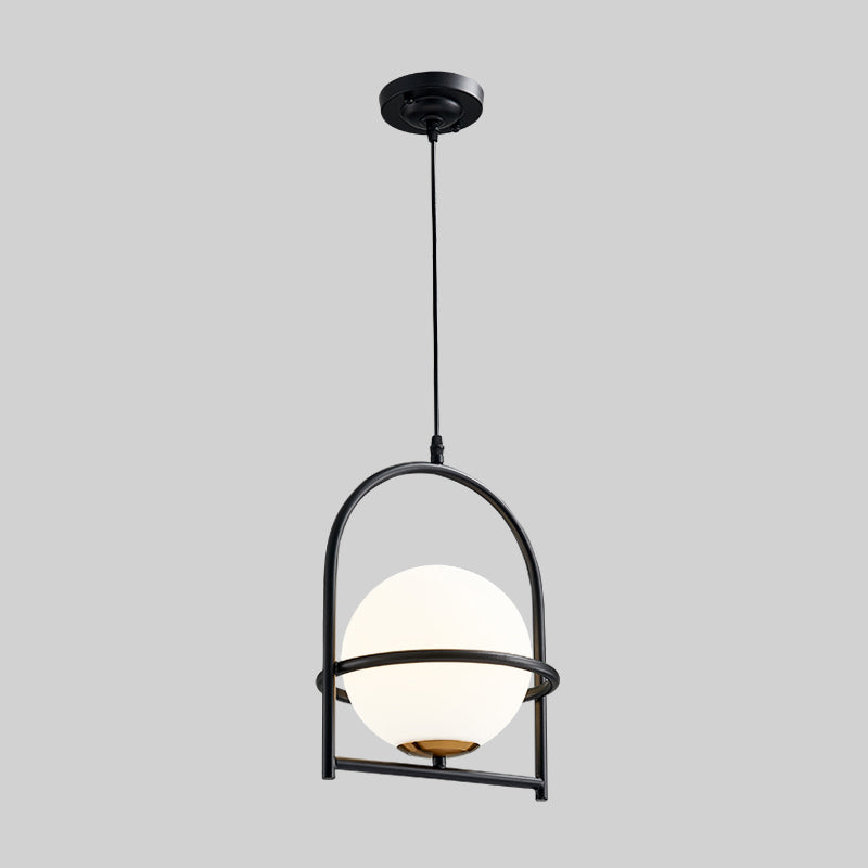 Modern Ball Suspension Light with Birdcage Design Opal Glass 1 Bulb 9"/11" Wide Bedside Ceiling Hang Fixture in Black/Gold Clearhalo 'Ceiling Lights' 'Close To Ceiling Lights' 'Glass shade' 'Glass' 'Modern Pendants' 'Modern' 'Pendant Lights' 'Pendants' Lighting' 875255