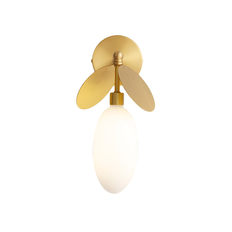Post Modern Globe/Oval Wall Mount Lamp Cream Glass 1 Light Bedside Wall Light in Brass with Leaf Deco Clearhalo 'Cast Iron' 'Glass' 'Industrial' 'Modern wall lights' 'Modern' 'Tiffany' 'Traditional wall lights' 'Wall Lamps & Sconces' 'Wall Lights' Lighting' 875289