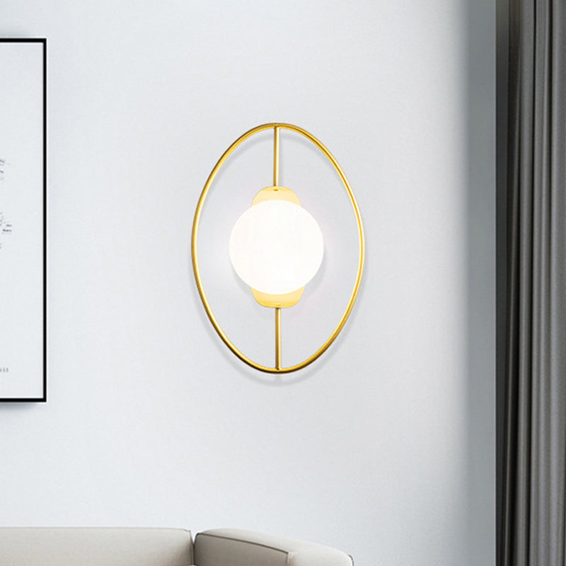 Metal Halo Ring Sconce Lighting Minimalist 1 Head Black/Gold Finish Wall Lamp with Orb White Glass Shade Gold Clearhalo 'Cast Iron' 'Glass' 'Industrial' 'Modern wall lights' 'Modern' 'Tiffany' 'Traditional wall lights' 'Wall Lamps & Sconces' 'Wall Lights' Lighting' 875292