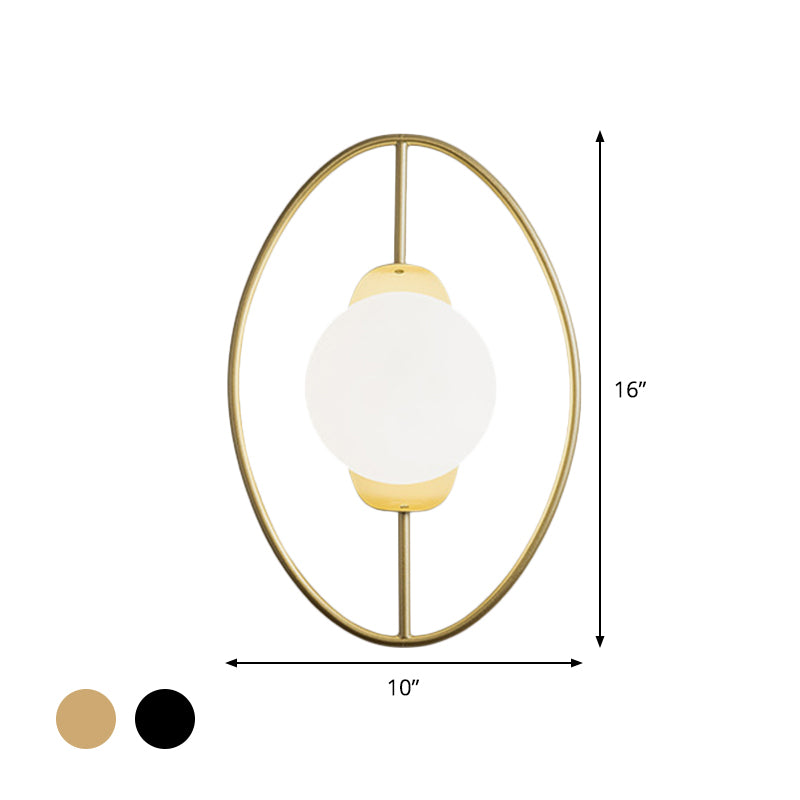 Metal Halo Ring Sconce Lighting Minimalist 1 Head Black/Gold Finish Wall Lamp with Orb White Glass Shade Clearhalo 'Cast Iron' 'Glass' 'Industrial' 'Modern wall lights' 'Modern' 'Tiffany' 'Traditional wall lights' 'Wall Lamps & Sconces' 'Wall Lights' Lighting' 875295