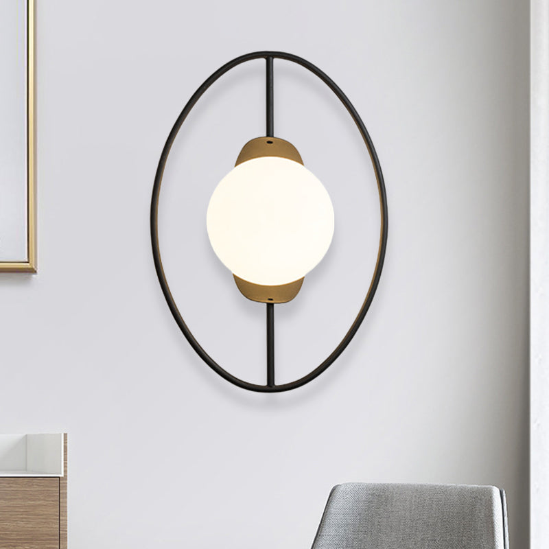Metal Halo Ring Sconce Lighting Minimalist 1 Head Black/Gold Finish Wall Lamp with Orb White Glass Shade Black Clearhalo 'Cast Iron' 'Glass' 'Industrial' 'Modern wall lights' 'Modern' 'Tiffany' 'Traditional wall lights' 'Wall Lamps & Sconces' 'Wall Lights' Lighting' 875296