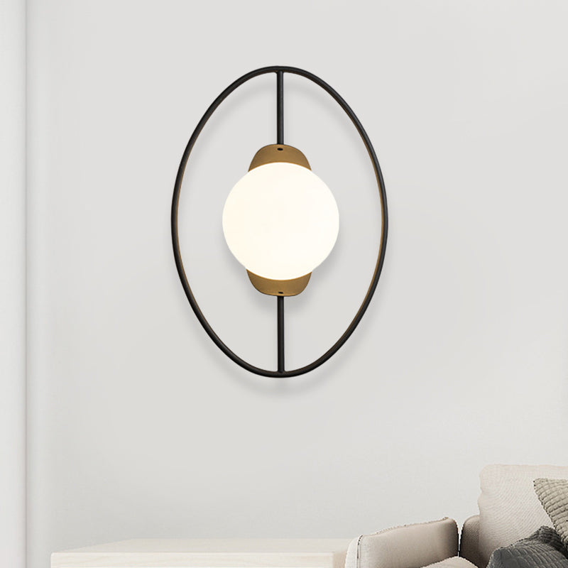 Metal Halo Ring Sconce Lighting Minimalist 1 Head Black/Gold Finish Wall Lamp with Orb White Glass Shade Clearhalo 'Cast Iron' 'Glass' 'Industrial' 'Modern wall lights' 'Modern' 'Tiffany' 'Traditional wall lights' 'Wall Lamps & Sconces' 'Wall Lights' Lighting' 875297