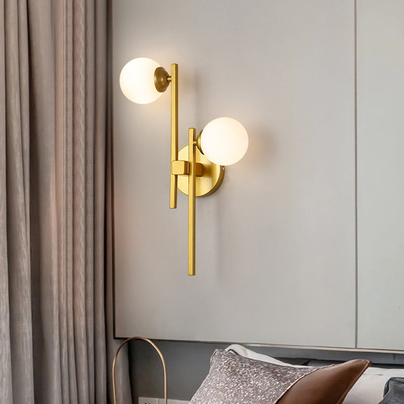 2 Lights Living Room Wall Lighting Post Modern Gold Wall Lamp with Sphere Opal Glass Shade Gold Clearhalo 'Cast Iron' 'Glass' 'Industrial' 'Modern wall lights' 'Modern' 'Tiffany' 'Traditional wall lights' 'Wall Lamps & Sconces' 'Wall Lights' Lighting' 875300