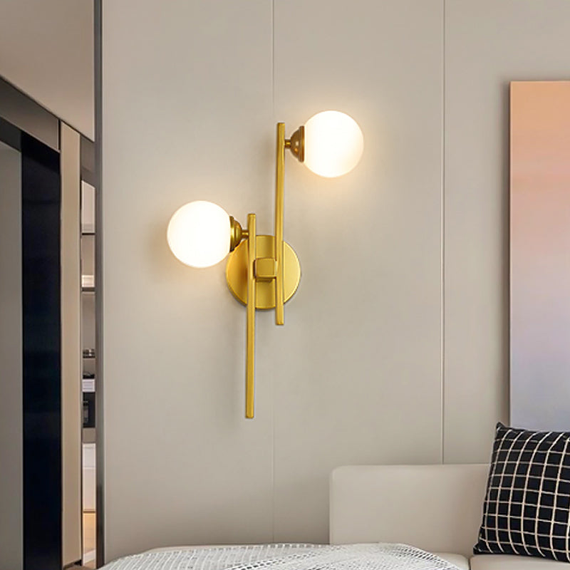 2 Lights Living Room Wall Lighting Post Modern Gold Wall Lamp with Sphere Opal Glass Shade Clearhalo 'Cast Iron' 'Glass' 'Industrial' 'Modern wall lights' 'Modern' 'Tiffany' 'Traditional wall lights' 'Wall Lamps & Sconces' 'Wall Lights' Lighting' 875301