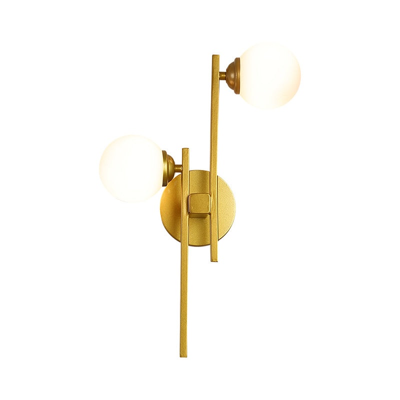 2 Lights Living Room Wall Lighting Post Modern Gold Wall Lamp with Sphere Opal Glass Shade Clearhalo 'Cast Iron' 'Glass' 'Industrial' 'Modern wall lights' 'Modern' 'Tiffany' 'Traditional wall lights' 'Wall Lamps & Sconces' 'Wall Lights' Lighting' 875302