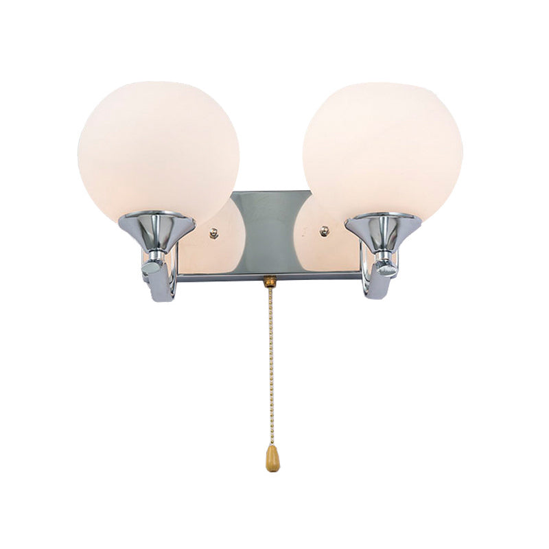 Cream Glass Global Wall Mount Light Modern 2-Head Chrome Wall Lamp Fixture with Pull Chain Clearhalo 'Cast Iron' 'Glass' 'Industrial' 'Modern wall lights' 'Modern' 'Tiffany' 'Traditional wall lights' 'Wall Lamps & Sconces' 'Wall Lights' Lighting' 875306
