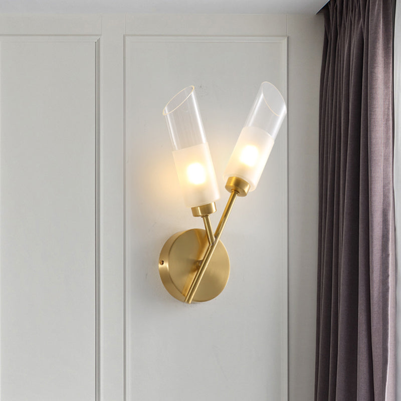 Beveled Tube Wall Light Sconce Post Modern Clear Glass 2-Light Brass Wall Lamp Fixture Brass Clearhalo 'Cast Iron' 'Glass' 'Industrial' 'Modern wall lights' 'Modern' 'Tiffany' 'Traditional wall lights' 'Wall Lamps & Sconces' 'Wall Lights' Lighting' 875312