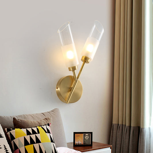 Beveled Tube Wall Light Sconce Post Modern Clear Glass 2-Light Brass Wall Lamp Fixture Clearhalo 'Cast Iron' 'Glass' 'Industrial' 'Modern wall lights' 'Modern' 'Tiffany' 'Traditional wall lights' 'Wall Lamps & Sconces' 'Wall Lights' Lighting' 875313